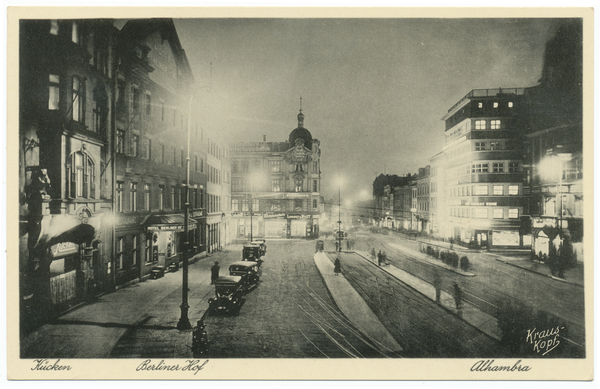 Königsberg (Pr.), Der Steindamm bei Nacht, rechts Berliner Hof, links Alhambra