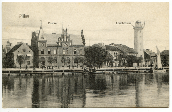 Pillau, Vorhafen, Postamt und Leuchtturm