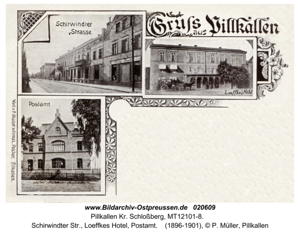 Pillkallen Kr. Schlossberg, Schirwindter Str., Loeffkes Hotel, Postamt