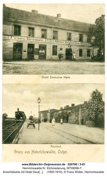 Heinrichswalde, Ansichtskarte mit Hotel Deutsches Haus und Bahnhof