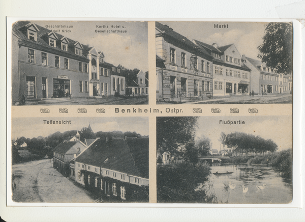 Benkheim, Geschäftshaus Adolf Krick, Korths Hotel u. Gesellschaftshaus, Markt, Ortsansicht, Flußpartie