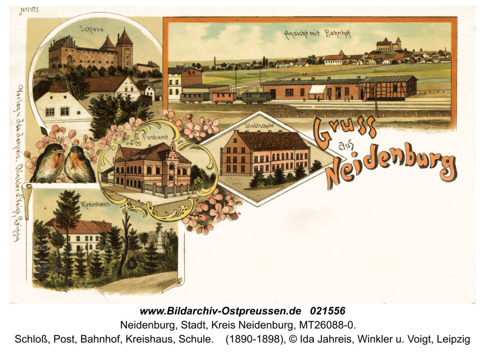 Neidenburg, Schloß, Post, Bahnhof, Kreishaus, Schule