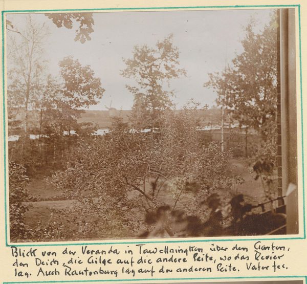 Tawellenbruch fr. Tawellningken, Oberförsterei, Blick von der Veranda, über den Garten, den Deich und die Gilge