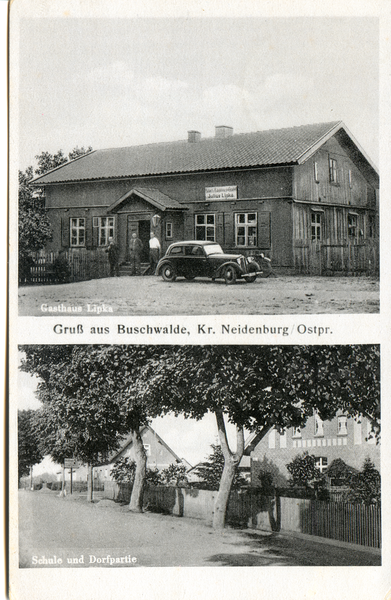 Buschwalde, Gasthaus Lipka, Schule und Dorpartie