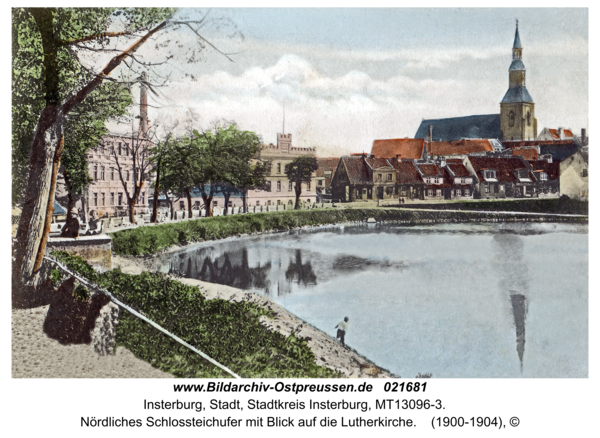 Insterburg, Nördliches Schlossteichufer mit Blick auf die Lutherkirche
