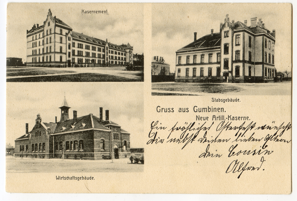 Gumbinnen, Neue Artilleriekaserne, Kasernement, Stabsgebäude, Wirtschaftsgebäude (3 Aufnahmen)