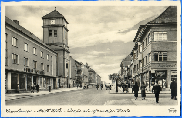 Gumbinnen, Adolf-Hitler-Straße mit reformierter Kirche