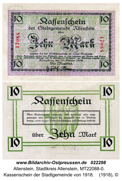 Allenstein, Kassenschein der Stadtgemeinde von 1918