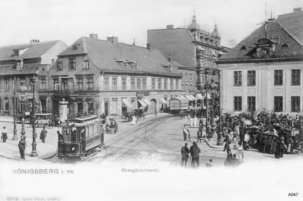 Königsberg, Roßgärter Markt mit Straßenbahn, Geschäftshaus Lazar