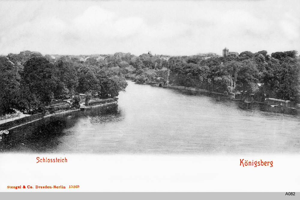 Königsberg, Schloßteich mit Booten und Schwänen, Blick auf Börsengarten