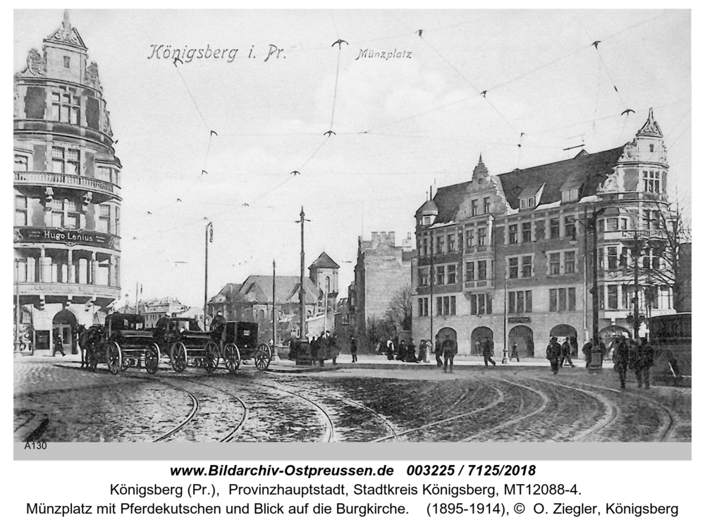 Königsberg, Münzplatz mit Pferdekutschen und Blick auf die Burgkirche