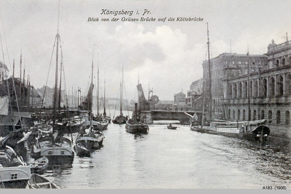 Königsberg, Blick von der Grünen Brücke auf die Köttelbrücke, rechts die Börse