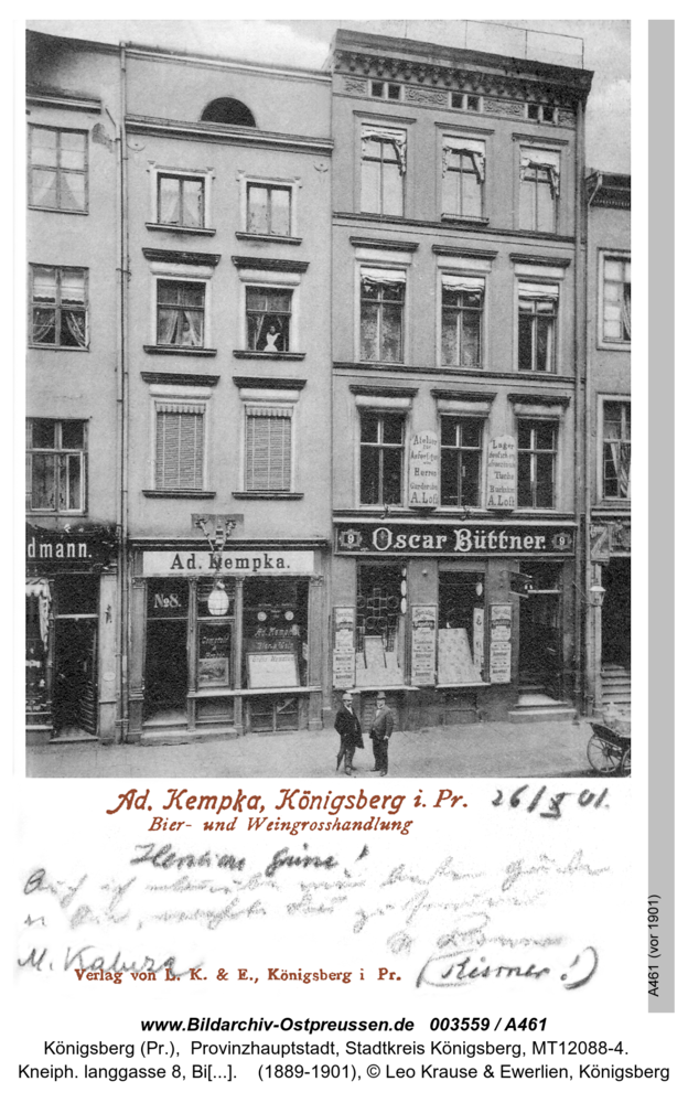 Königsberg (Pr.), Kneiph. langgasse 8, Bier- und Weingroßhandel Adolf Kempka