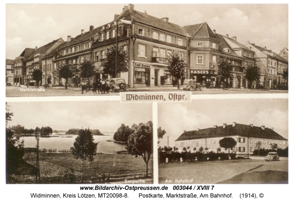 Widminnen, Postkarte, Marktstraße, Am Bahnhof