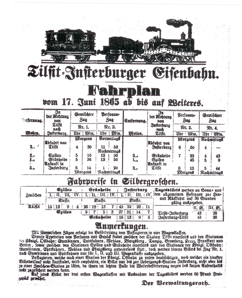 Tilsit, Fahrplan der Tilsit-Insterburger Eisenbahn
