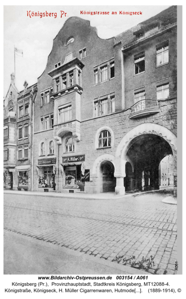 Königsberg, Königstraße, Königseck, H. Müller Cigarrenwaren, Hutmoden Leipholt