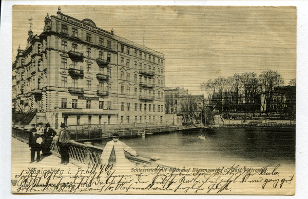 Königsberg, Schlossteich mit Blick auf Börsengarten und Café Metropole