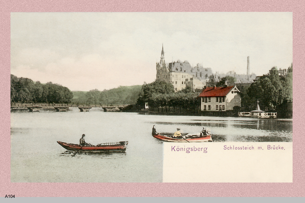 Königsberg, Schloßteich mit Brücke und Gondeln (coloriert)