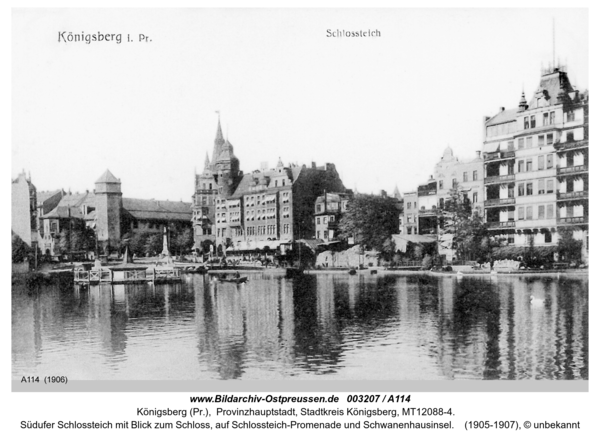 Königsberg (Pr.), Südufer Schlossteich mit Blick zum Schloss, auf Schlossteich-Promenade und Schwanenhausinsel