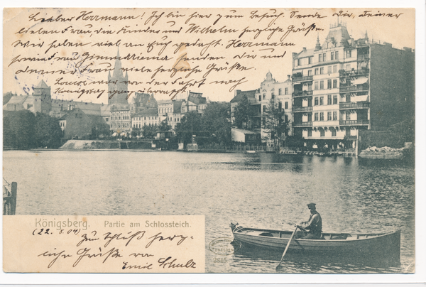 Königsberg, Partie am Schloßteich und Blick auf das Schloß