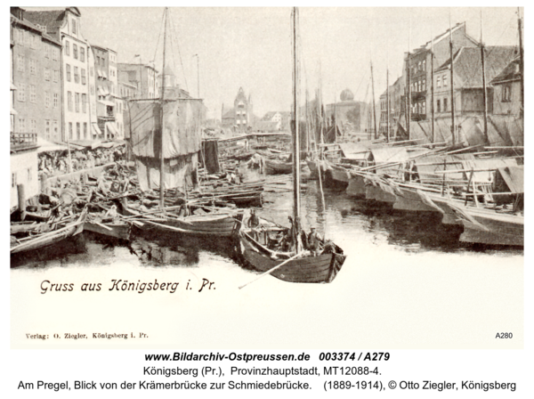 Königsberg, Am Pregel, Blick von der Krämerbrücke zur Schmiedebrücke