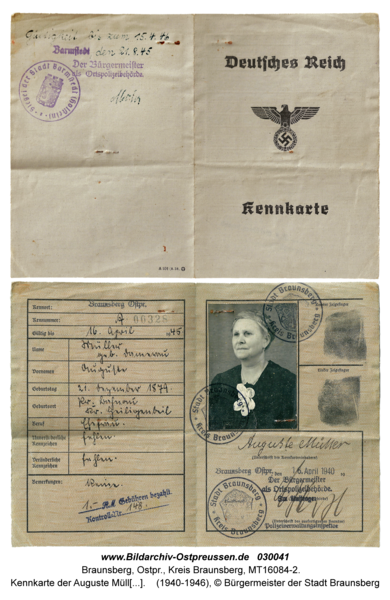 Braunsberg, Kennkarte der Auguste Müller geb. Damerau; Mutter von Heinz Müller aus Braunsberg