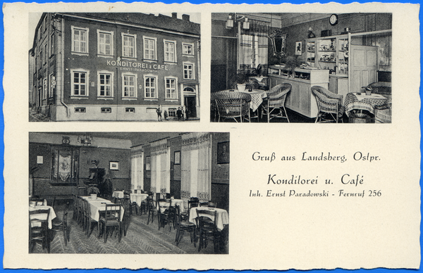 Landsberg i. Ostpr., Mühlenstraße 36, Konditorei und Café Ernst Paradowski