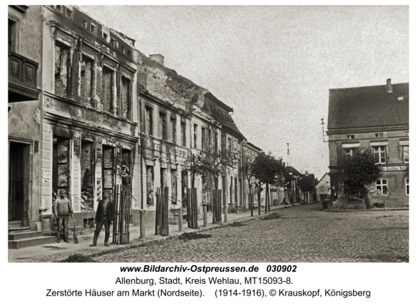 Allenburg, Zerstörte Häuser am Markt (Nordseite)