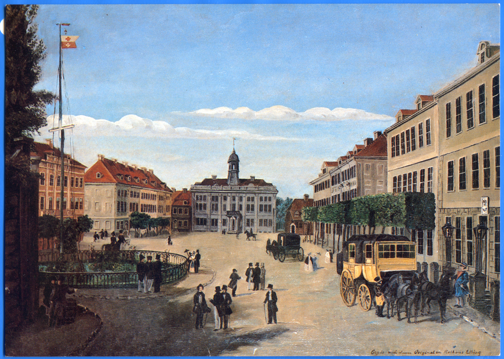 Elbing, Friedrich-Wilhelm-Platz mit altem Rathaus, Stadtwache und Post