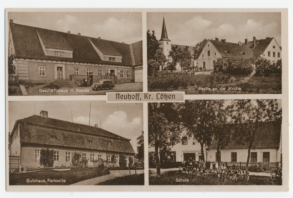 Neuhoff Kr. Lötzen, Geschäftshaus, Kirche, Gutshaus, Schule