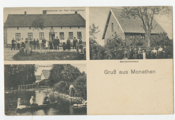 Monethen, Kr Lyck, Gastlokal, Gendarmenhaus, Teichansicht