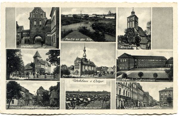 Wehlau, Steintor, Partie an der Alle, Kirche, Kreishaus, Marktplatz mit Rathaus, Deutsch-Ordensschule, Große Vorstadt, Postamt, großer Pferdemarkt, Blick zur Kirchenstraße