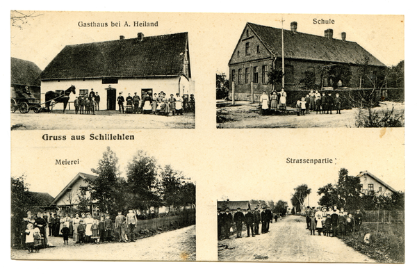 Schillehlen Kr. Angerapp, Gasthaus, Schule, Meierei, Straßenpartie