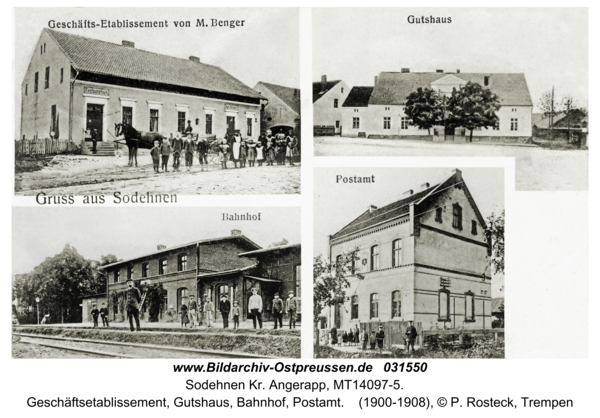 Sodehnen Kr. Angerapp, Geschäftsetablissement, Gutshaus, Bahnhof, Postamt