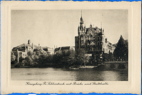 Königsberg (Pr.), Schloßteich mit Brücke und Stadthalle, Original-Gravüre