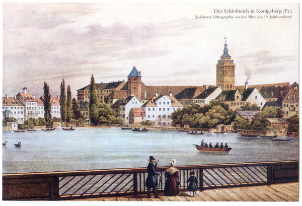 Königsberg (Pr.), Schlossteich (südlicher Teil) mit Schlossteichbrücke im Vordergrund, col. Lithographie