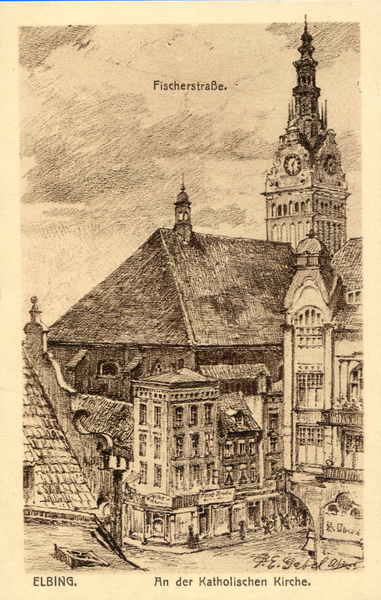 Elbing, Fischerstraße, An der Katholischen Kirche, Künstlerkarte