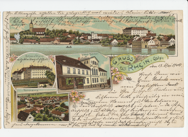 Rhein Kr. Lötzen, Gesamtansicht, Hotel, Schloß, Panorama