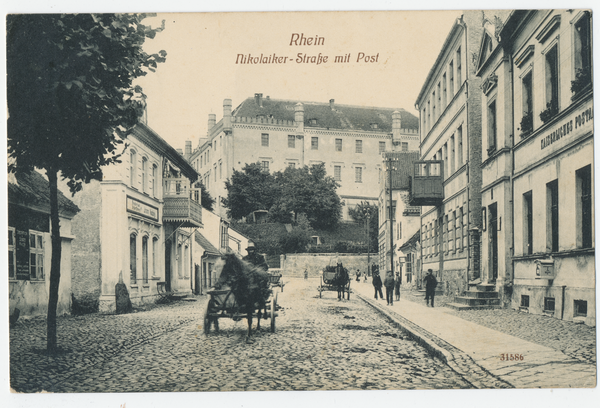 Rhein Kr. Lötzen, Nikolaiker Straße mit Post