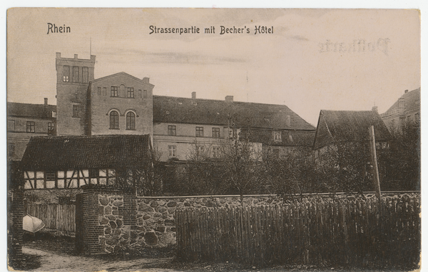 Rhein Kr. Lötzen, Straßenpartie, Hotel