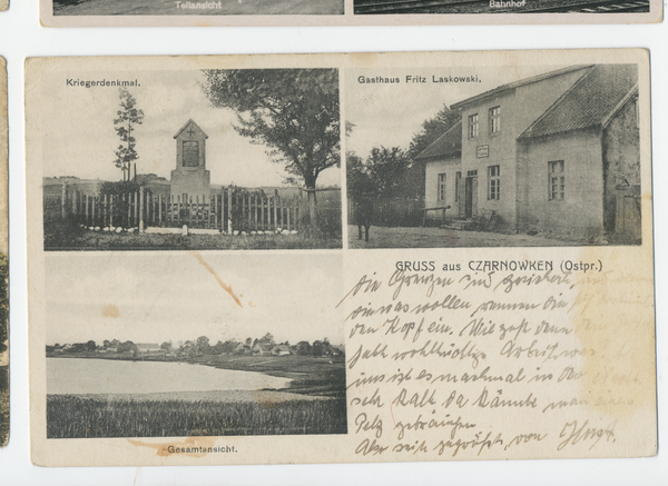 Czarnowken Kr. Lötzen, Kriegerdenkmal, Gasthaus, Gesamtansicht