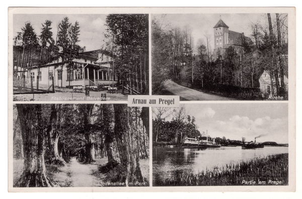Arnau Kr. Samland, Park, Etablissement Belvedere, Kirche, Partie am Pregel