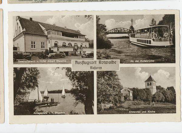 Rotwalde, Geschäftshaus, Kullabrücke, Anlegeplatz, Ehrenmal und Kirche