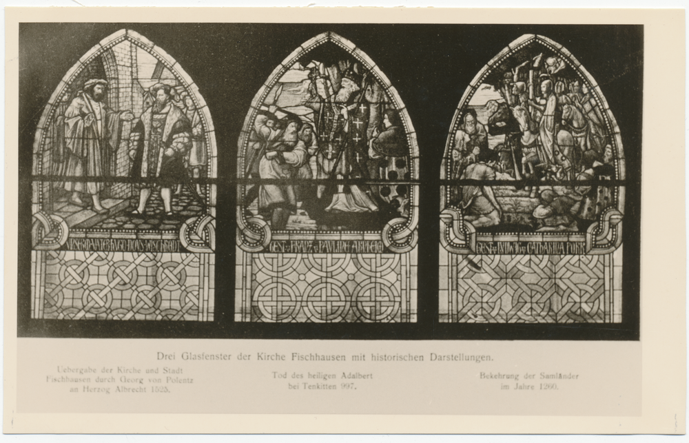 Fischhausen, Glasfenster der Kirche mit histor. Darstellungen