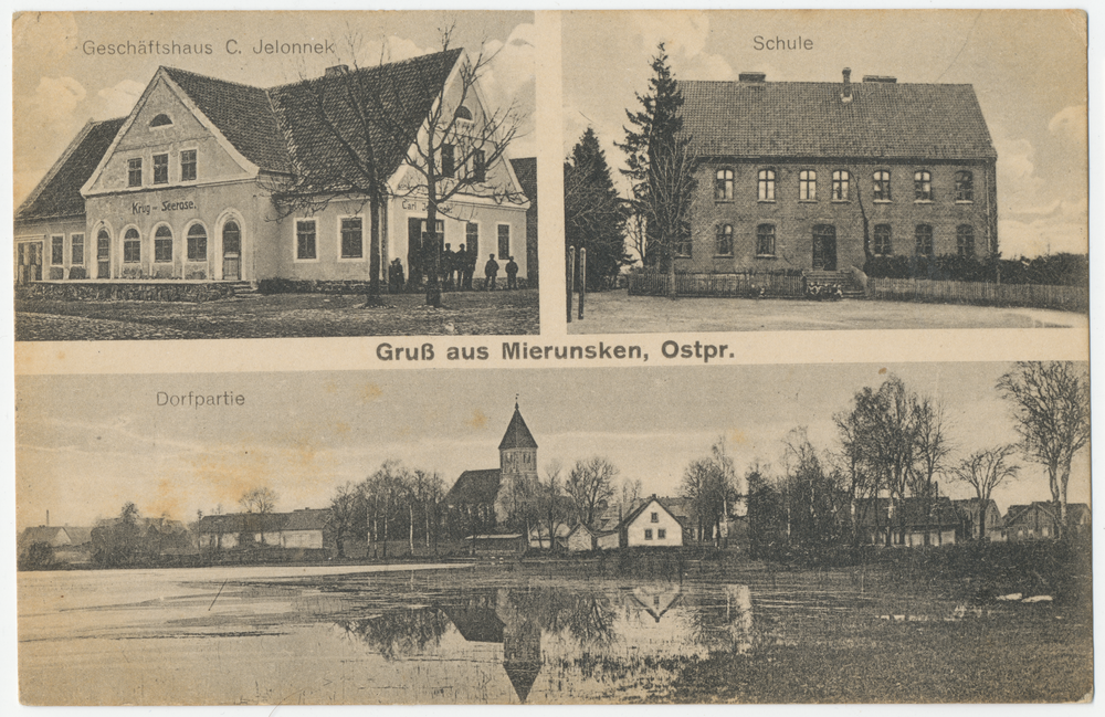 Mierunsken (Ort), Geschäftshaus, Schule, Dorfpartie