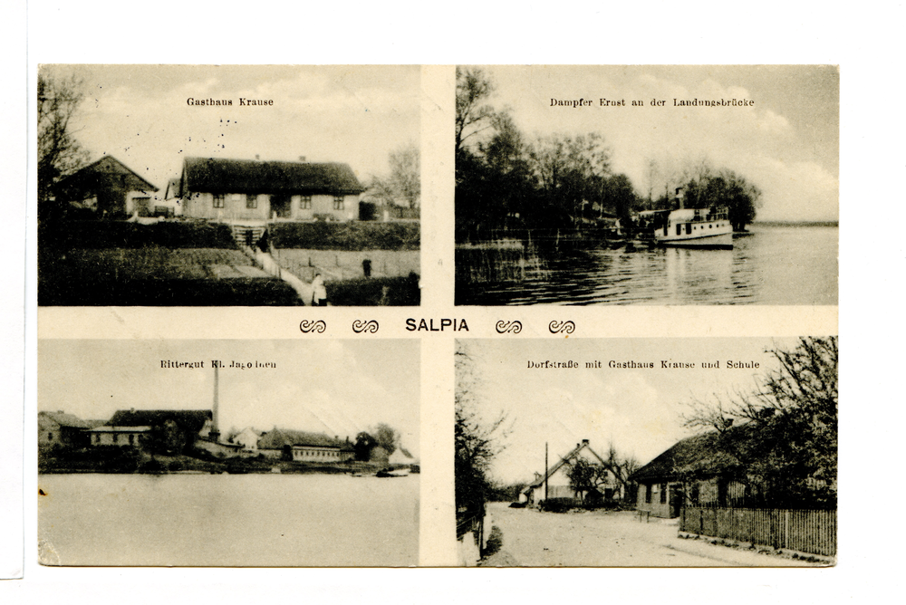 Salpia, Gasthaus Krause, Dampfer Ernst an der Landungsbrücke, Rittergut, Dorfstraße mit Gasthaus Kramer und Schule