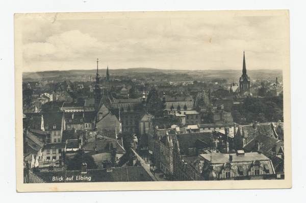 Elbing, Blick von der Nikolaikirche auf die Stadt mit Schmiedestraße und Rathaus