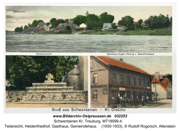 Schwentainen Kr. Treuburg, Teilansicht, Heldenfriedhof, Gasthaus, Gemeindehaus