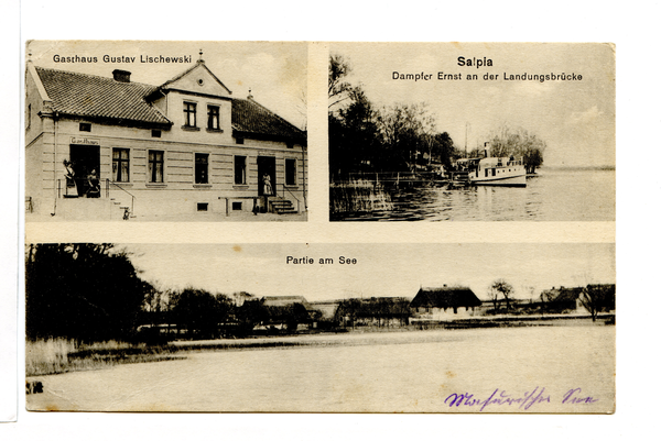 Salpia, Gasthaus Gustav Lischewski, Dampfer Ernst an der Landungsbrücke, Partie am See
