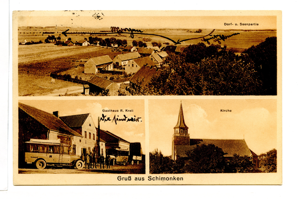 Schimonken, Ortsansicht und Seenpartie, Gasthaus R. Krell, Kirche